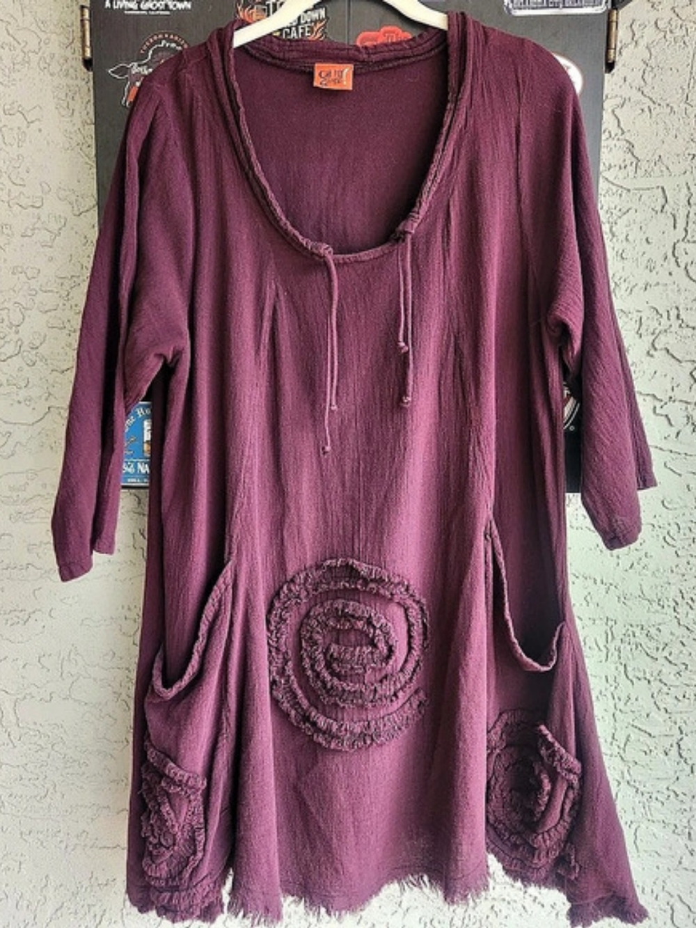 Oh My Gauze Circle Blouse Tunic Dress Plum Eggplant Purple Raw Hem Spiral Pocket